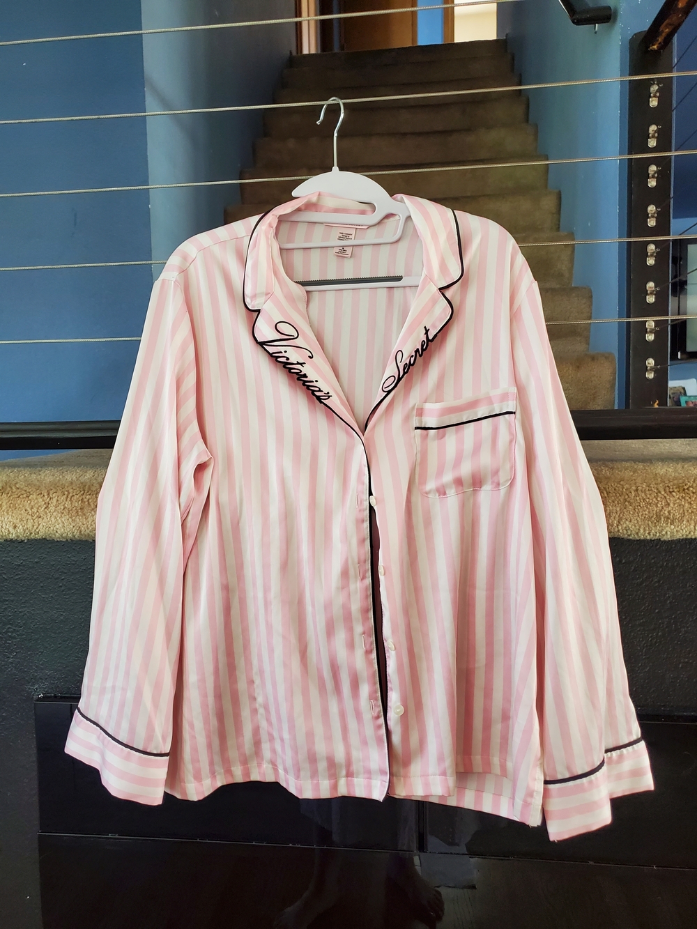 Victoria's Secret Pink and White Striped Satin Pajama Top with Black Trim